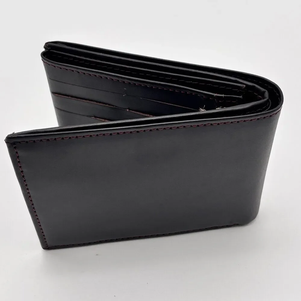 Spark Leather Mens Bifold Wallet Black Red Stitch Zip Coin Pocket RFID